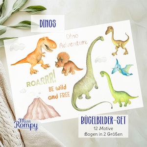 Peut inclure: Un ensemble de 12 autocollants thermocollants sur le thème des dinosaures. Les autocollants présentent une variété de dinosaures, dont un T-Rex, un stégosaure, un brachiosaure et un ptérodactyle. Les autocollants sont imprimés sur un fond blanc et présentent un design aquarelle coloré. Le texte "DINOS" est en haut de la feuille, et le texte "BÜGELBILDER-SET 12 Motive Bogen in 2 Größen" est en bas.