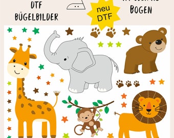 MissRompy | DTF (79) Zootiere 41 Bügelbilder Motivbogen dunkle+helle Aufbügler Bügelbild Sammelbogen Textilien Applikation Elefant Löwe