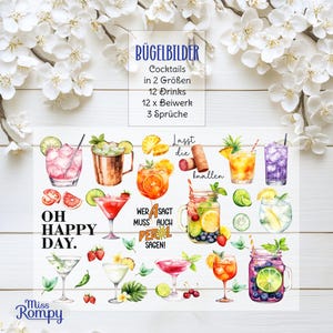 Könnte beinhalten: Ein Set mit 12 Bügelbildern mit Aquarell-Illustrationen von Cocktails, Garnituren und Sprüchen wie "Oh Happy Day" und "Wer sagt muss auch Perol sagen!" Die Transfers sind für die Verwendung auf Stoff konzipiert und in zwei Größen erhältlich.
