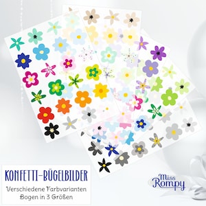 Könnte beinhalten: Blätter mit blumenförmigen Bügelbildern in verschiedenen Farben, darunter Rot, Gelb, Blau und Grün. Der Text "KONFETTI-BÜGELBILDER" ist sichtbar, zusammen mit "Verschiedene Farbvarianten Bogen in 3 Größen" und dem Miss Rompy Logo.