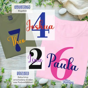 Könnte beinhalten: Drei T-Shirts mit personalisierten Geburtstagsdesigns. Ein olivgrünes Shirt hat die Zahl 7 und den Namen "Theo". Ein rosa Shirt zeigt die Zahl 6 und den Namen "Paula". Ein weißes Shirt hat die Zahl 4 und den Namen "Joshua".