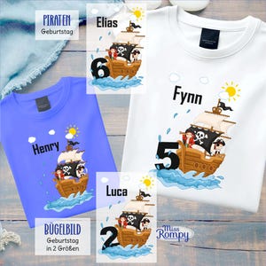 Könnte beinhalten: Drei T-Shirts, eines in Blau und zwei in Weiß, mit einem Cartoon-Piraten-Schiff-Design. Die Shirts zeigen die Namen "Henry", "Fynn" und "Elias" sowie die Zahlen 6, 5 und 2. Das Bild enthält auch den Text "PIRATEN Geburtstag" und "BÜGELBILD Geburtstag in 2 Größen".
