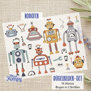 Op de afbeelding: Een set van 19 strijkbare stickers met robots in verschillende kleuren en ontwerpen. De stickers zijn gelabeld met "ROBOTER" en "BÜGELBILDER-SET 19 Motive Bogen in 2 Größen".