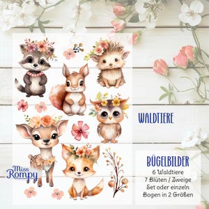 Könnte beinhalten: Bügelbilder mit sechs Waldtieren mit Blumenkränzen, darunter ein Waschbär, ein Eichhörnchen, ein Igel, eine Eule, ein Reh und ein Fuchs. Das Bild enthält außerdem sieben florale Elemente. Der Text "WALDTIERE" und "BÜGELBILDER" ist im Bild enthalten. Der Text unter dem Bild lautet "6 Waldtiere, 7 Blüten / Zweige, Set oder einzeln, Bogen in 2 Größen."