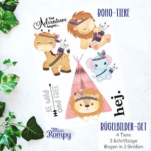 Peut inclure: Un ensemble de décalcomanies thermocollantes représentant quatre animaux de style bohème : un lion, une girafe, un éléphant et un ours. Les animaux portent des coiffures et ont des flèches dans le dos. Les décalcomanies comprennent également un tipi et le texte « Be wild and free » et « The adventure begins... » dans une police d’écriture cursive. Les décalcomanies sont disponibles en deux tailles.