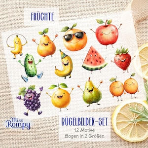 Könnte beinhalten: Ein Bogen mit aufbügelbaren Fruchtdesigns, darunter ein lächelnder Apfel, eine Birne und eine Orange mit Sonnenbrille. Der Bogen zeigt auch eine Seil springende Banane, eine Wassermelonen-Scheibe und eine Erdbeere. Der Text oben lautet "FRÜCHTE" und unten "BÜGELBILDER-SET".