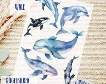 Whales, (080), Iron-on transfers, 6 designs, for ironing on, iron-on transfer, dolphin, set, iron-on patch, appliqué, iron-on sticker, sperm whale, orca, killer whale