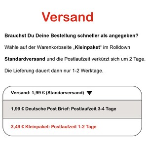 May include: Text in German with the word "Versand" in red at the top. The text describes shipping options, including standard and express delivery, with estimated delivery times. The image includes a dropdown menu with shipping details.