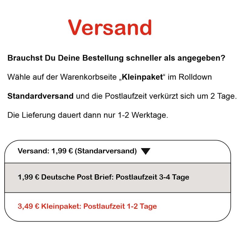 May include: Text in German with the word "Versand" in red at the top. The text describes shipping options, including standard and express delivery, with estimated delivery times. The image includes a dropdown menu with shipping details.
