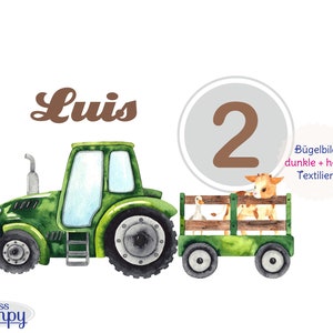 May include: Watercolor illustration of a green tractor pulling a trailer with farm animals. The number 2 is in a circle, and the name "Luis" is above the tractor. The image has a white background.