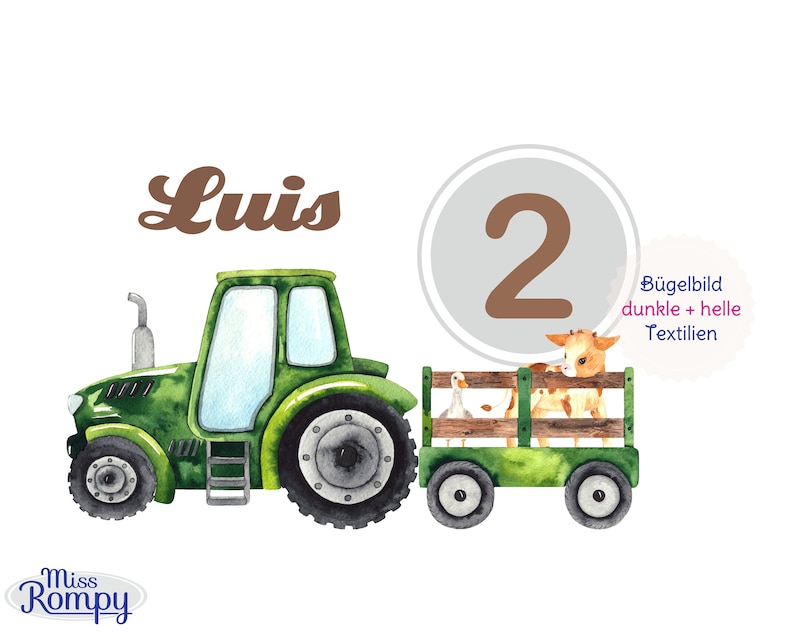 May include: Watercolor illustration of a green tractor pulling a trailer with farm animals. The number 2 is in a circle, and the name "Luis" is above the tractor. The image has a white background.