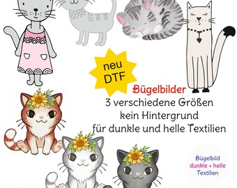 MissRompy | Katze DTF Bügelbilder verschiedene Motive und Größen Katzen Bügelbild Aufbügler Applikation Iron on