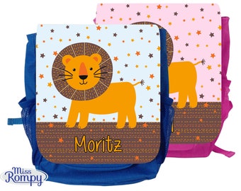 MissRompy | Löwe (790)  Rucksack mit Name, Kinderrucksack, Kindertasche, Kindergartenrucksack, Kiga, Kita, passend zu Brotdose + Beutel