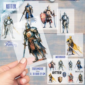 Peut inclure: Un ensemble de transferts thermocollants sur le thème des chevaliers. Les transferts représentent des chevaliers dans différentes poses et armures, avec des épées et des boucliers. Les transferts sont disponibles en différentes tailles, 8, 10 ou 12 cm. Le texte "Ritter" est visible sur l'image.