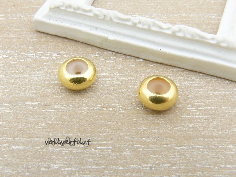 2x Stopperperle mit Gummi Makramee Verschluss 6x3mm für 2x1mm Band Farbauswahl Metall Disc Gold