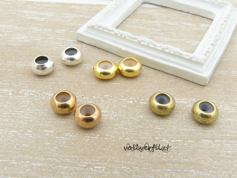 2x Stopperperle mit Gummi Makramee Verschluss 6x3mm für 2x1mm Band Farbauswahl Metall Disc Bild 6