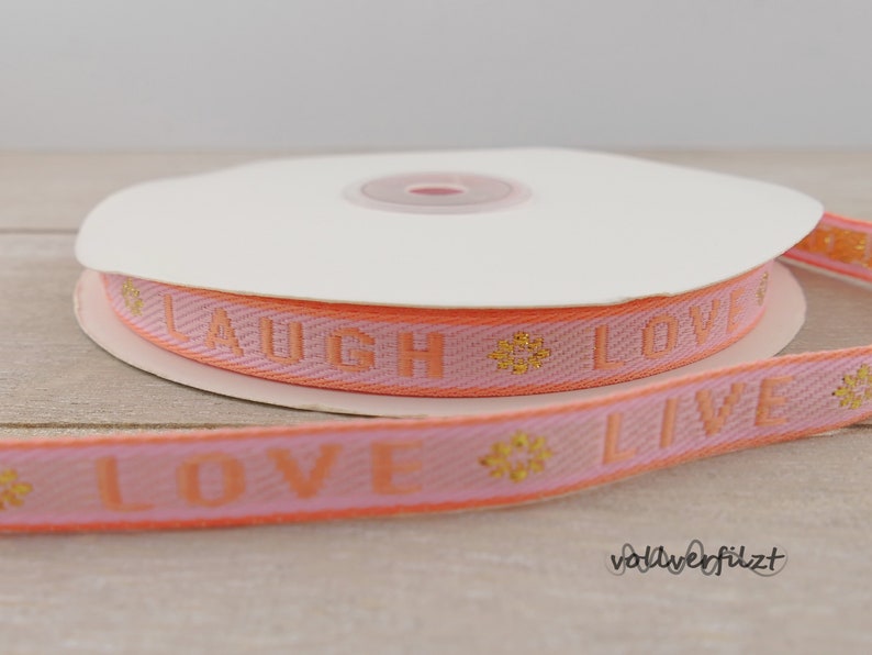 1m Schmuckband mit Text 10mm Text/Motivauswahl love-live-laugh