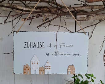 Schild Zuhause Türschild Deko Schild aus Blech Gartendeko Metallschild Willkommen Gartenschild Blechschild Zuhause ist wo die Liebe wohnt