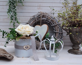 Blumengesteck XL im Topf Tischgesteck weiß rustikale Tischdeko künstliches Gesteck im Metalltopf Deko Blumentopf mit Griffe Marthas Hus