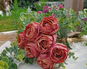 Rosen im Bund täuschend echt Rosenstrauß Blumenstrauß künstliche Rosen Kunstblumen  Seidenrosen Rosenbund haltbare Blumen Rosen Deko