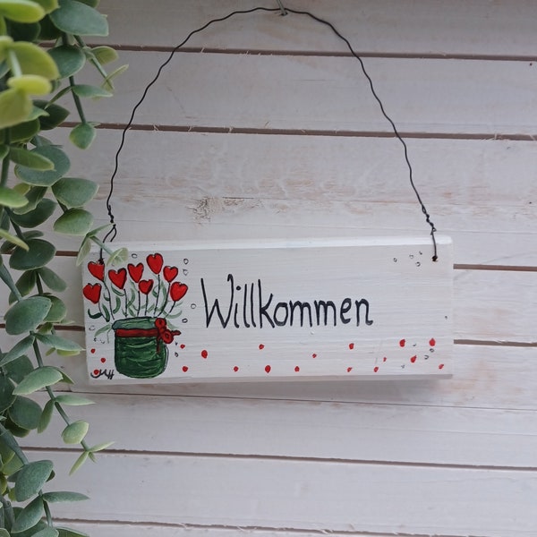 Schild Willkommen handgemalt Holzschild zum Aufhängen rustikale Deko handgemaltes Schild Herzlich Willkommen Dekohaus Türschild floral