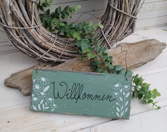 Holzschild Willkommen Schild zum Aufhängen Deko für den Eingang handgemaltes Schild aus Holz Eingangs Schild Landhaus Deko Türschild