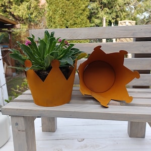 Könnte beinhalten: Zwei rostig-orangefarbene Metall-Pflanzgefäße in Kronenform, eines gefüllt mit einer grünen Pflanze mit rosa Blüten. Das andere Pflanzgefäß ist leer und liegt auf der Seite. Die Pflanzgefäße stehen auf einer verwitterten Holzbank.