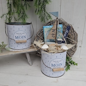 Deko Set maritim im Eimer Aquarell Karte Geschenk Geburtstag Geschenkbox Mitbringsel Präsentkorb  Moin Dekohaus Anker Deko Segelschiff