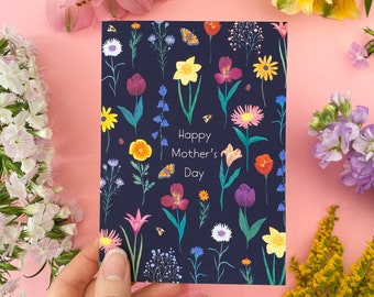 Carte florale de fête des mères, carte pour maman, carte de fleurs botaniques, carte d'illustration florale pour la fête des mères, dimanche des mères