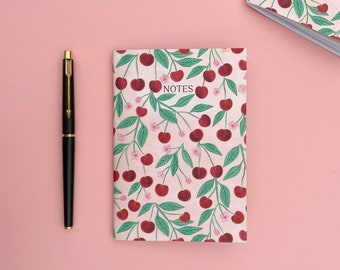 Cherry A6 Notebook, Fruity Botanical pattern, Blank pages saddle stitched notebook, Cherry Journal, stocking filler stationery gift, Jotter