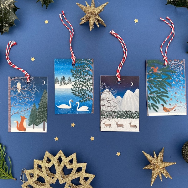 Christmas gift tags pack, Winter scene, Rectangle shaped tags, Woodland animals, Snowy scenes, Festive tags, Winter animals gift tags