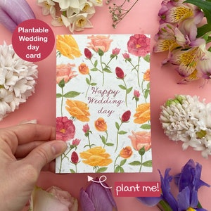 Tarjeta plantable del día de la boda feliz, tarjeta de amor, tarjeta de rosas de boda, romántico, tarjeta de felicitación de boda, tarjeta de recién casados, pareja feliz