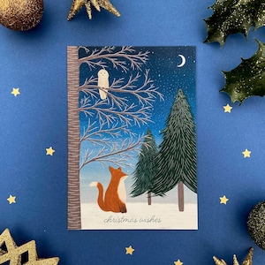 Tarjeta de deseos navideños, Tarjeta con ilustración de bosque invernal, Paquete de tarjetas navideñas hechas a mano, Escena nevada, Tarjeta con animales del bosque, Árboles nevados