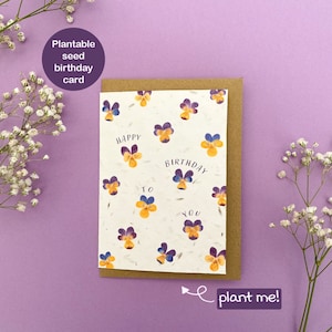 Tarjeta de feliz cumpleaños plantable, tarjeta de cumpleaños con flores de pensamientos y violetas, tarjeta con semillas de flores silvestres, tarjeta biodegradable ecológica.