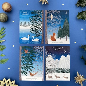 Paquete de tarjetas de Navidad, Tarjetas de ilustración de invierno, Tarjetas de Navidad de animales del bosque, Paquete de tarjetas de Navidad, Pack de 4 8 12 tarjetas, Escena de invierno