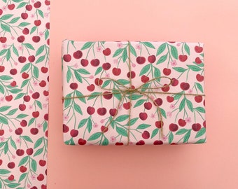 Cherry recyclable wrapping paper, Eco friendly birthday gift wrap, Cherry blossom pattern design, Any occasion, fruity illustration