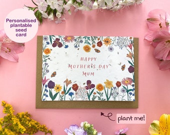 Personalised plantable Mother's day card, Floral Card for Mum, Customised Wildflower seed card, Eco friendly biodegradable card, Botanical