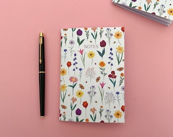 Floral A6 Notebook, Botanical pattern, Blank pages saddle stitched notebook, Floral Journal, stocking filler stationery gift, Jotter