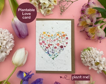 Plantable Floral heart card, Blank any occasion love card, Eco friendly wildflower seed card, Biodegradable floral card, Rainbow flowers