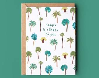 Happy Birthday palm tree greeting card, Watercolour illustration, Tropical palm trees, Summer birthday card, Happy birthday to you card