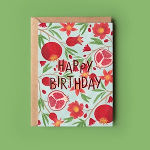 Pomegranate birthday greeting card, Card for friend, Fruity card, Watercolour botanical illustration, Winter birthday card, Red Pomegranate