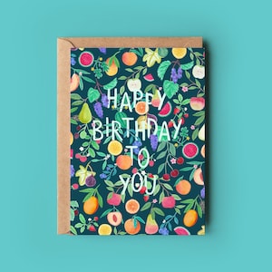 Happy Birthday to You-wenskaart, verjaardagskaart voor vriend, kaart zomerfruit, botanische aquarelillustratie, botanische fruitkunst