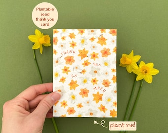 Plantable thank you so much card, Daffodil thank you card, Wildflower seed card, Eco friendly biodegradable card, Watercolour flowers