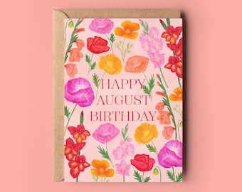 Happy August birthday greeting card, Birth flower card, Poppy birth card, Botanical illustration card, Gladiolus birth card, Summer florals