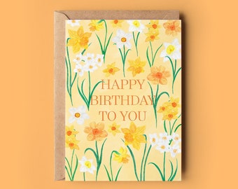 Happy birthday to you greeting card, Yellow spring flowers card, Daffodil card, Botanical illustrations, Jonquils card, Watercolour art