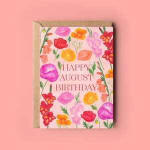 8 月の誕生日おめでとうグリーティング カード、誕生花カード、ポピー誕生カード、植物イラスト カード、グラジオラス誕生カード、夏の花柄
