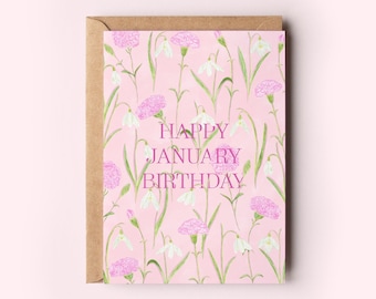 Happy January birthday greeting card, Birth flowers card, Snowdrop birth card, Botanical illustration card, Carnation birth card