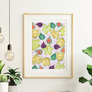 Figs art print, fruit wall art, fig poster, kitchen fruit wall decor, watercolour fruit illustration, green and purple figs, fig leaves