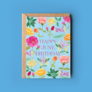 Carte de voeux de joyeux anniversaire de juin, carte de fleurs de naissance, carte de naissance de roses, carte d'illustration botanique, carte de naissance de chèvrefeuille, carte de symbolisme