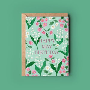 Mai-Geburtskarte, Maiglöckchen-Geburtskarte, Maiglöckchen-Geburtskarte, Aquarell-botanische Karte, Weißdorn-Geburtskarte